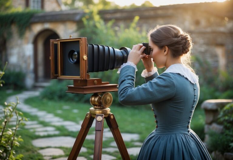 Pessoa ajustando uma câmera fotográfica antiga em um jardim histórico ao ar livre.