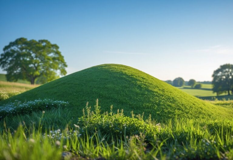 Pequena elevação de terra coberta por grama verde em uma paisagem natural com céu azul e vegetação ao redor.