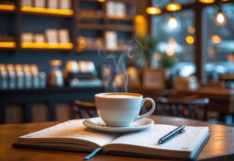 Cena de café com uma xícara de café fumegante sobre uma mesa de madeira, ao lado de um caderno aberto com anotações e uma caneta, em um ambiente interno acolhedor.