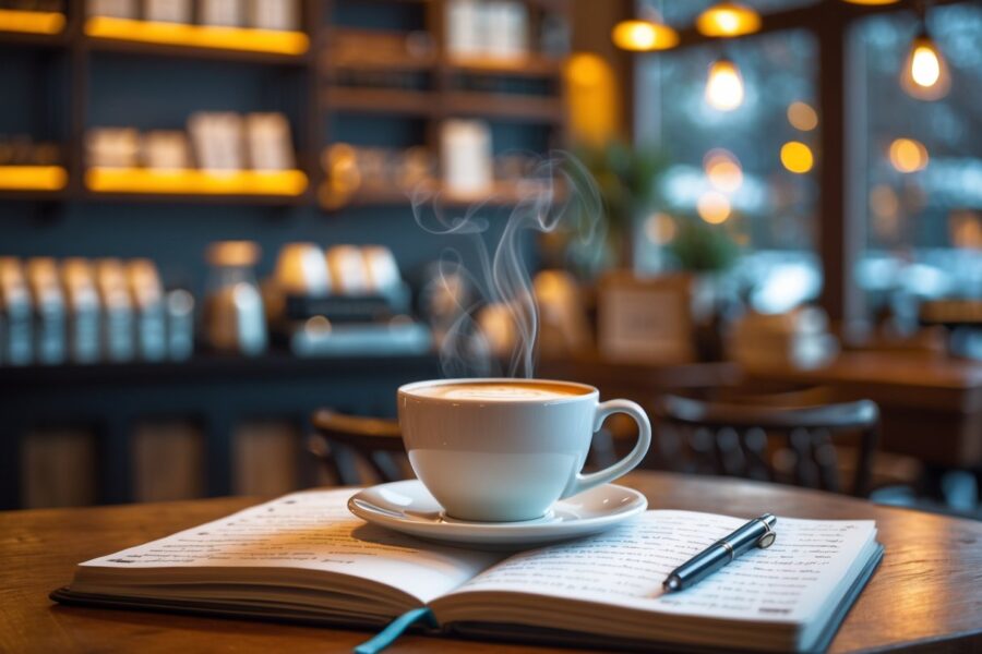 Cena de café com uma xícara de café fumegante sobre uma mesa de madeira, ao lado de um caderno aberto com anotações e uma caneta, em um ambiente interno acolhedor.