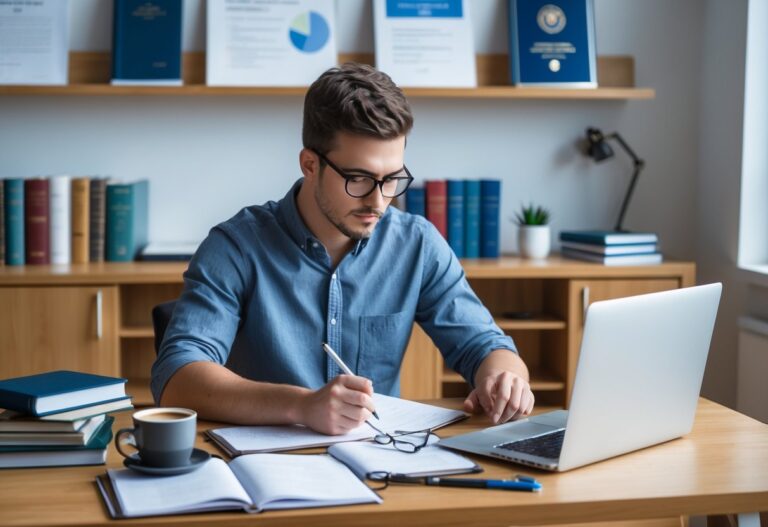 Estudante concentrado escrevendo anotações em uma mesa de estudo com livros, laptop e diplomas na parede ao fundo.