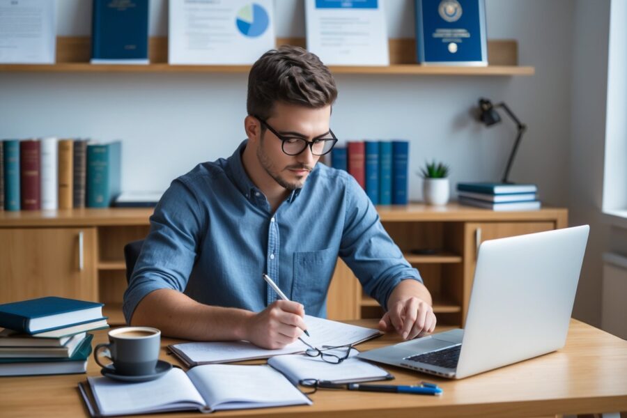 Estudante concentrado escrevendo anotações em uma mesa de estudo com livros, laptop e diplomas na parede ao fundo.