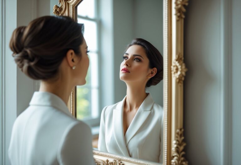 Pessoa elegante olhando com admiração para seu reflexo em um espelho grande e ornamentado.