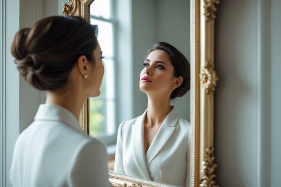 Pessoa elegante olhando com admiração para seu reflexo em um espelho grande e ornamentado.