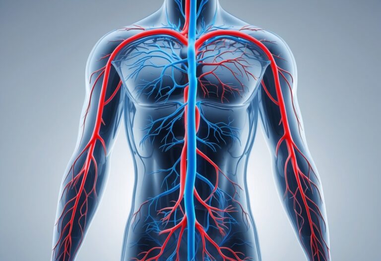 Imagem detalhada do sistema circulatório humano mostrando veias e artérias por todo o corpo.