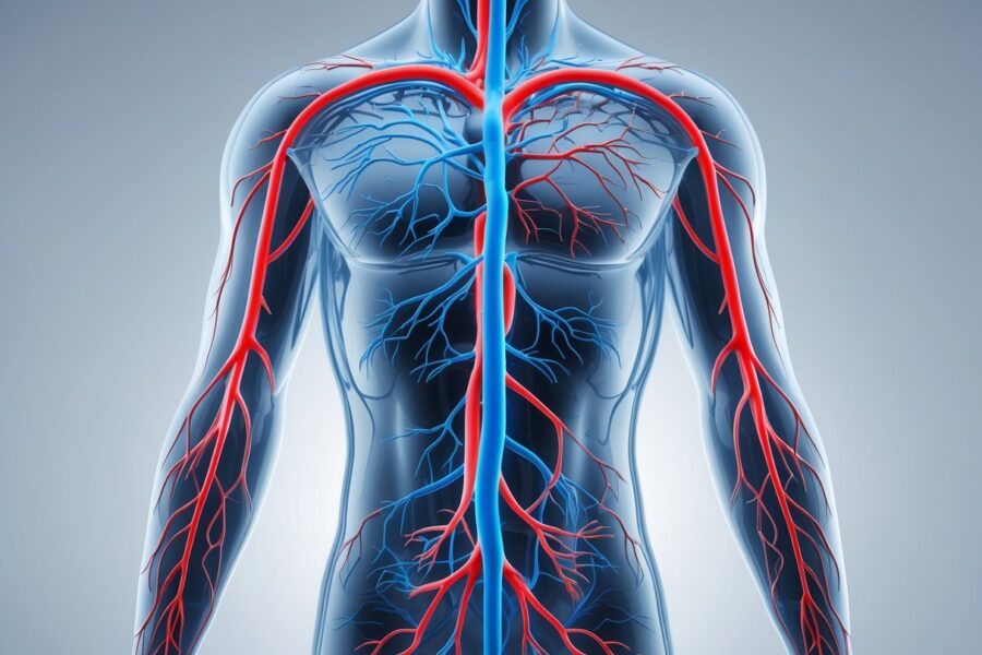 Imagem detalhada do sistema circulatório humano mostrando veias e artérias por todo o corpo.