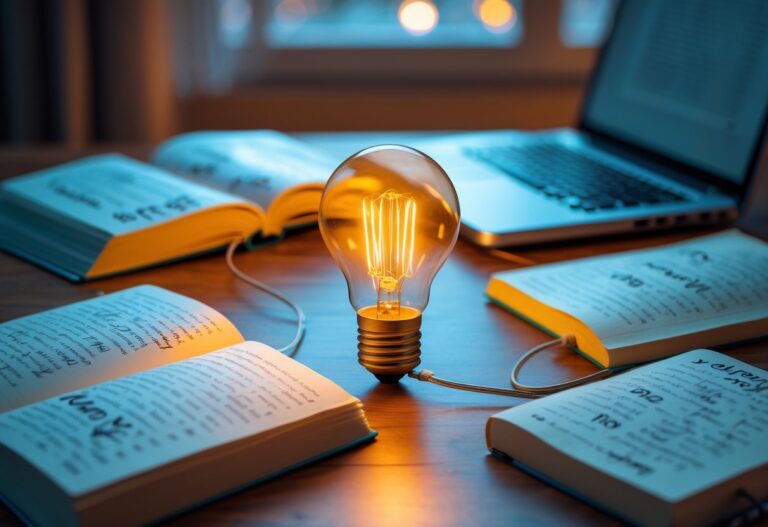 Uma lâmpada acesa sobre uma mesa de madeira cercada por livros e cadernos abertos, com um laptop ao lado, em um ambiente iluminado e aconchegante.