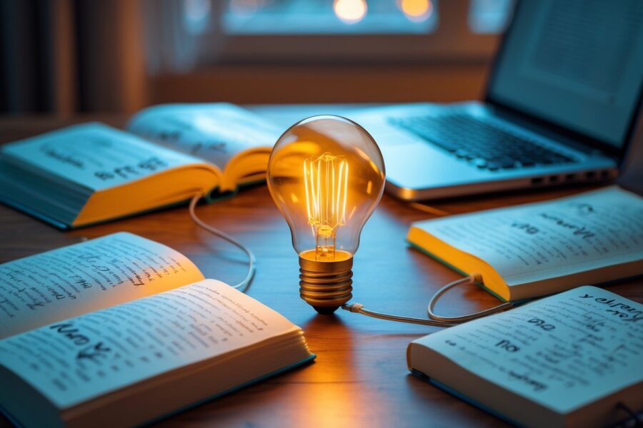 Uma lâmpada acesa sobre uma mesa de madeira cercada por livros e cadernos abertos, com um laptop ao lado, em um ambiente iluminado e aconchegante.