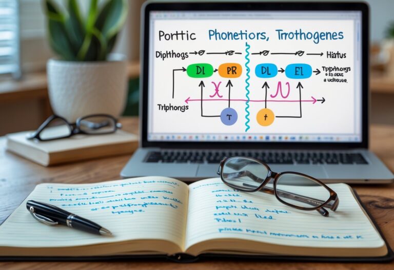 Mesa de estudo com caderno aberto, caneta, óculos e laptop mostrando um diagrama sobre fonética em português.