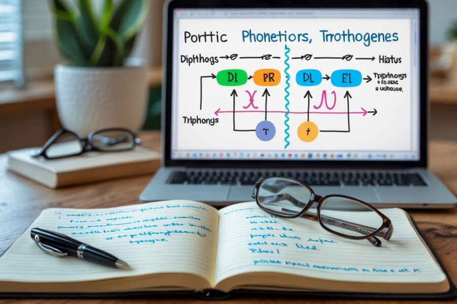 Mesa de estudo com caderno aberto, caneta, óculos e laptop mostrando um diagrama sobre fonética em português.