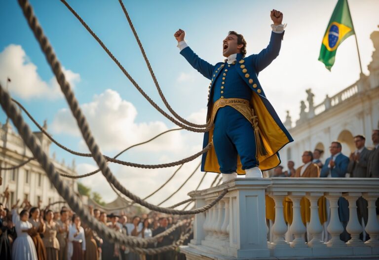 Homem vestido com roupas imperiais do século XIX, em um balcão, gritando e lançando cordas para fora, com uma multidão ao fundo.