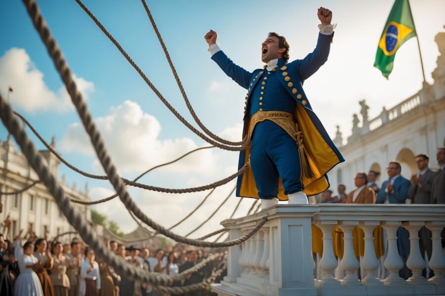 Homem vestido com roupas imperiais do século XIX, em um balcão, gritando e lançando cordas para fora, com uma multidão ao fundo.