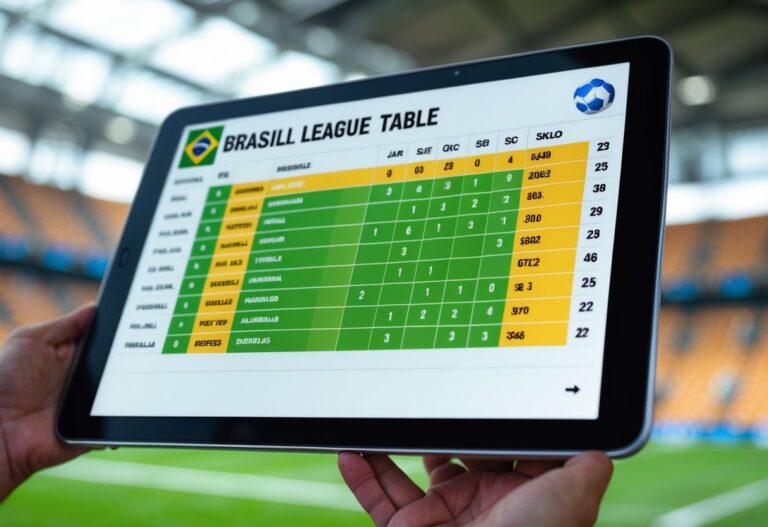 Uma tabela digital do Brasileirão exibida em uma tela com um estádio de futebol ao fundo.