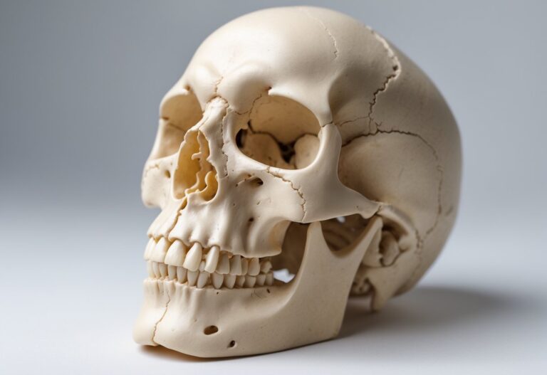 Modelo detalhado de um crânio humano mostrando orifícios, depressões e saliências ósseas.