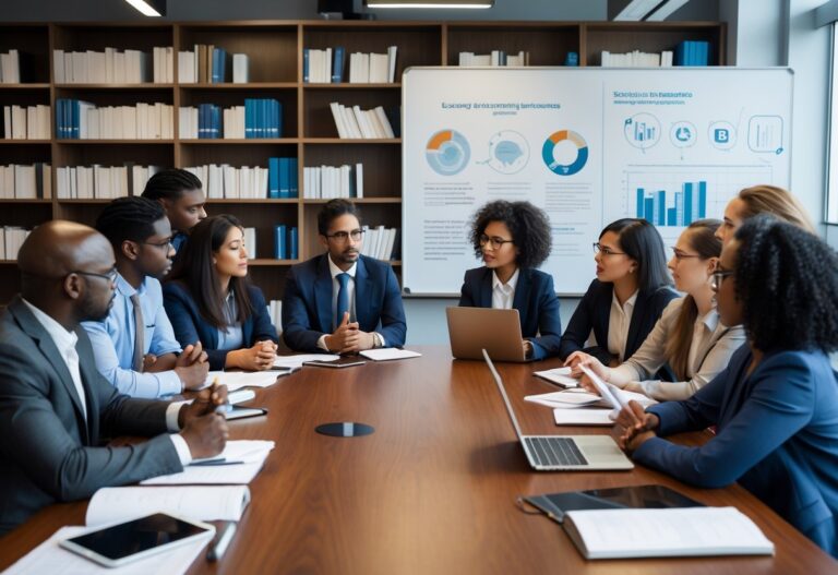 Grupo diverso de pessoas discutindo em volta de uma mesa em um escritório moderno, com livros e materiais relacionados à sociologia ao fundo.