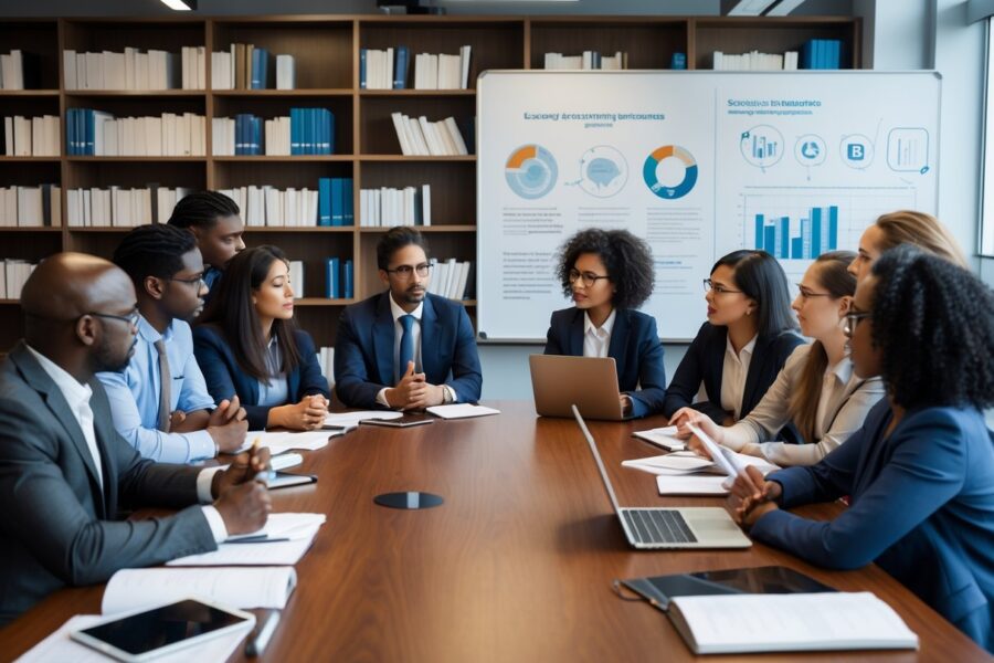 Grupo diverso de pessoas discutindo em volta de uma mesa em um escritório moderno, com livros e materiais relacionados à sociologia ao fundo.