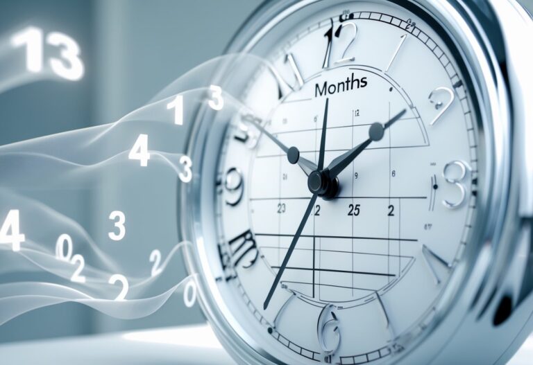 Relógio grande e calendário com números flutuando representando a passagem do tempo durante um ano.