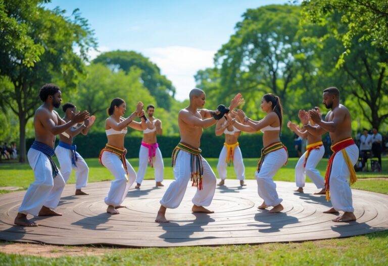 Grupo de pessoas praticando capoeira ao ar livre em um parque, com instrumentos tradicionais e movimentos acrobáticos.