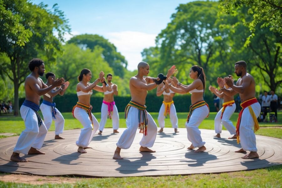Grupo de pessoas praticando capoeira ao ar livre em um parque, com instrumentos tradicionais e movimentos acrobáticos.