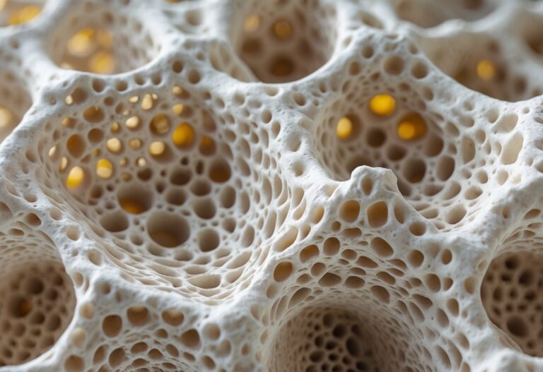 Imagem em close de tecido ósseo esponjoso mostrando sua estrutura porosa e entrelaçada com pequenos espaços preenchidos por medula.