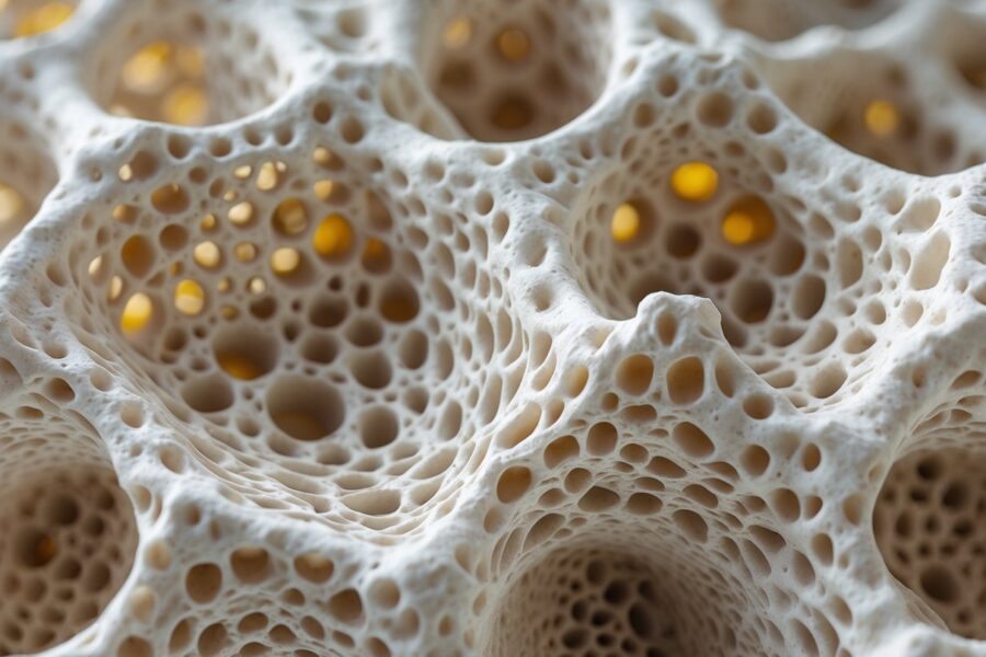 Imagem em close de tecido ósseo esponjoso mostrando sua estrutura porosa e entrelaçada com pequenos espaços preenchidos por medula.