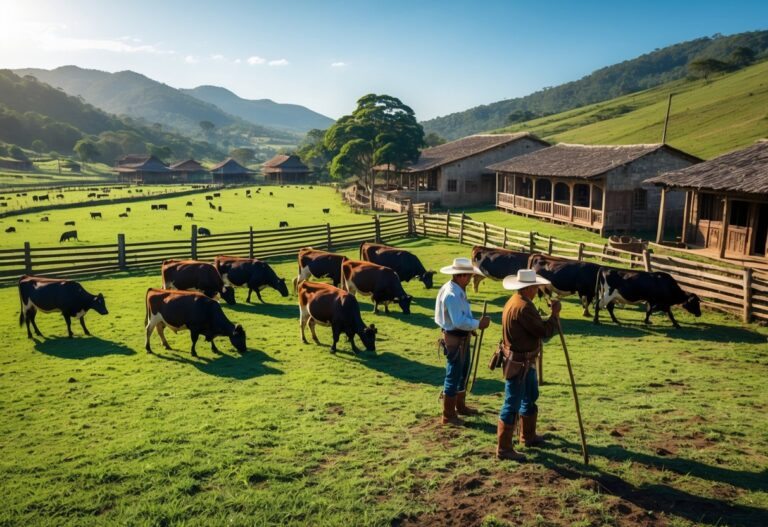 Uma paisagem rural do Brasil colonial com gado pastando em um campo amplo, cercas de madeira, construções rústicas ao fundo e vaqueiros cuidando dos animais.