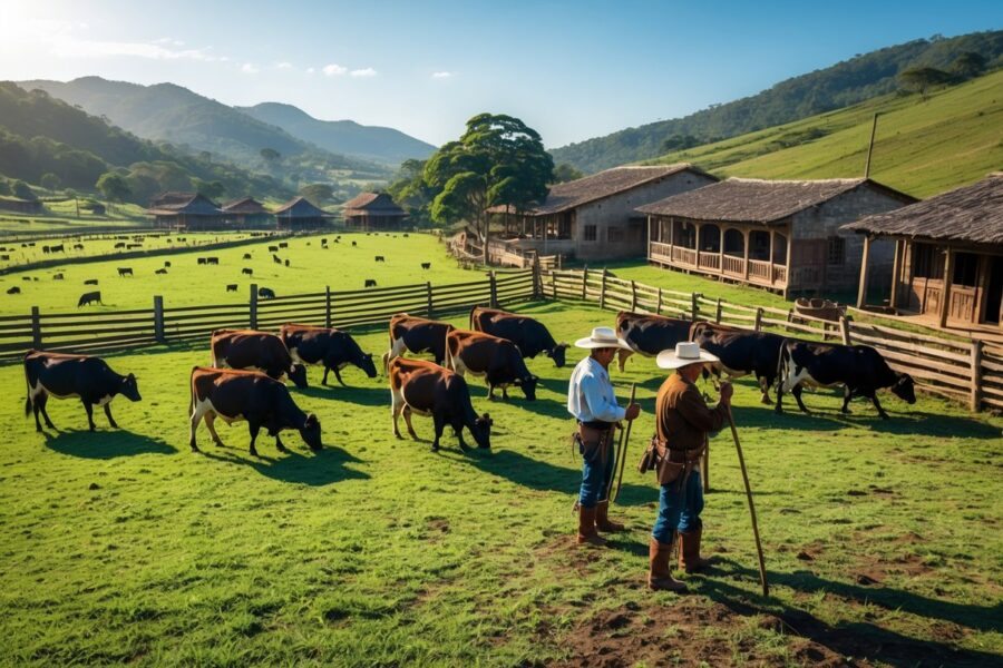 Uma paisagem rural do Brasil colonial com gado pastando em um campo amplo, cercas de madeira, construções rústicas ao fundo e vaqueiros cuidando dos animais.