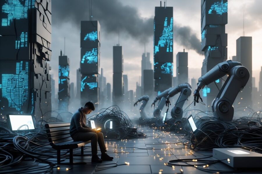 Cena de uma cidade futurista escura com prédios tecnológicos quebrados, uma pessoa sozinha olhando para um celular, fios emaranhados e dispositivos eletrônicos descartados ao redor, transmitindo isolamento e impactos negativos da tecnologia.