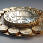 Uma moeda de um real cercada por cem moedas pequenas de centavos, todas dispostas em círculo.