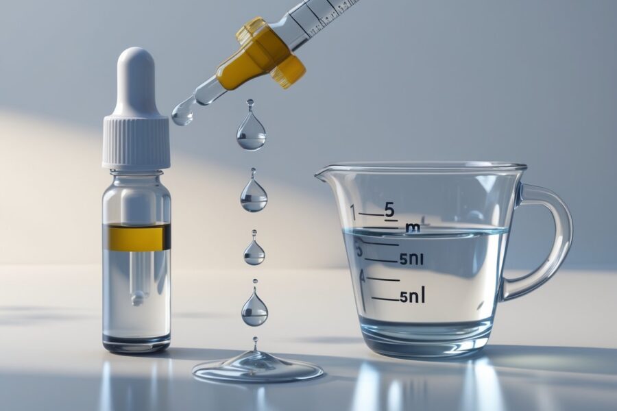 Garrafa conta-gotas ao lado de um copo medidor com 5 ml de líquido, gotas caindo do conta-gotas em direção ao líquido.