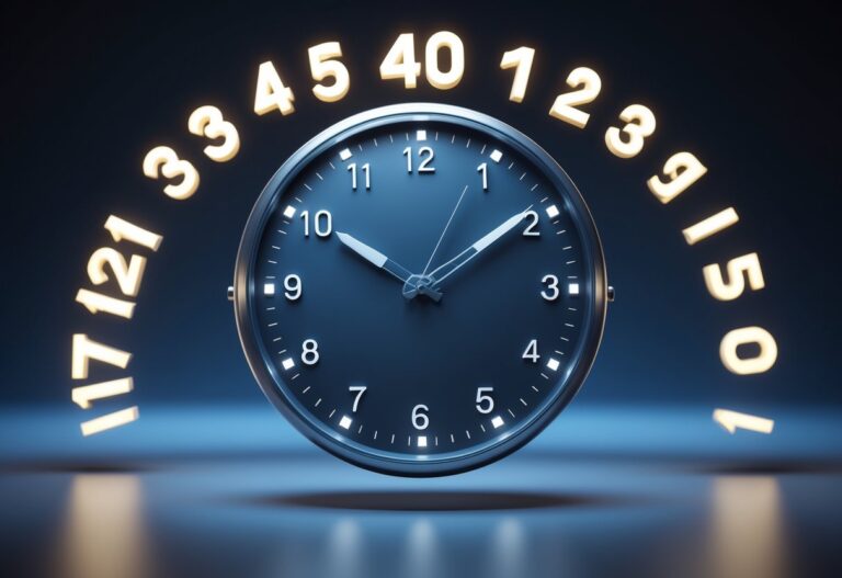 Um relógio analógico grande mostrando 24 horas com números flutuantes representando 1440 minutos ao redor.