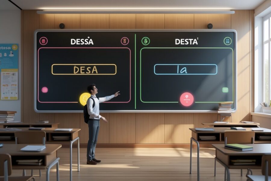 Uma sala de aula moderna com um estudante apontando para um quadro digital que destaca duas seções diferentes, representando uma comparação entre 'dessa' e 'desta'.