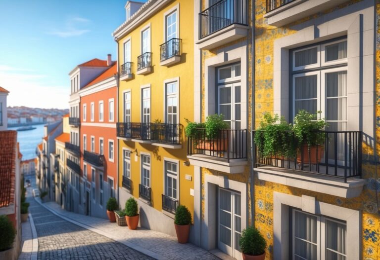 Vista de um prédio residencial em Lisboa com fachadas coloridas, varandas com plantas, ruas de paralelepípedo e o rio Tejo ao fundo.