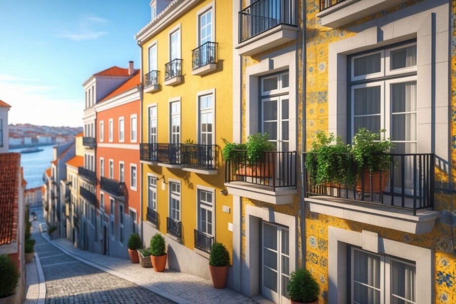 Vista de um prédio residencial em Lisboa com fachadas coloridas, varandas com plantas, ruas de paralelepípedo e o rio Tejo ao fundo.