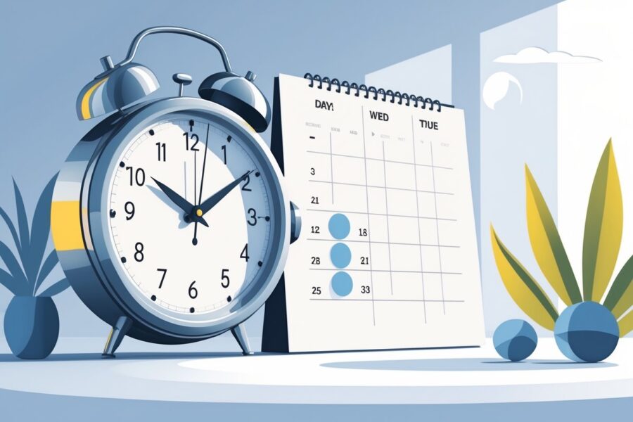 Relógio grande ao lado de uma página de calendário destacando três dias consecutivos, com ícones de sol e lua ao fundo.
