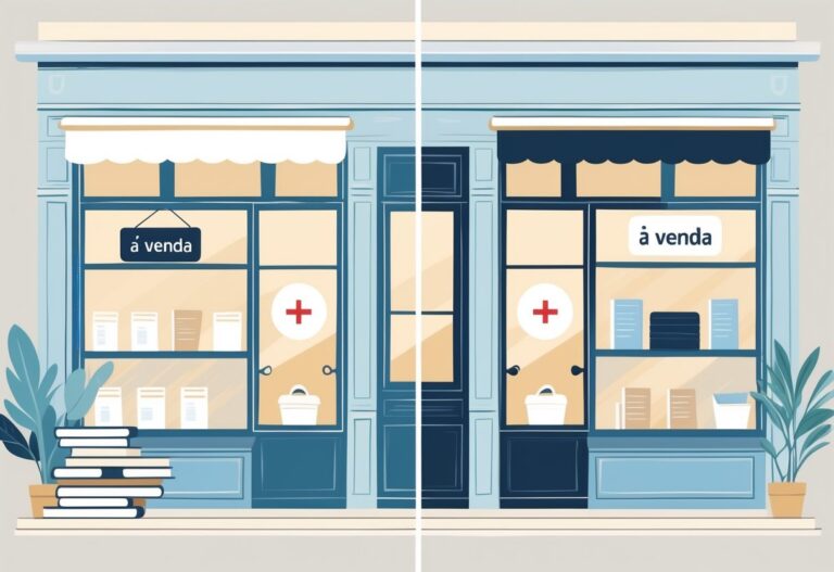Uma ilustração mostrando duas vitrines de loja lado a lado, uma com indicação correta de venda e outra com indicação incorreta, destacando a diferença entre as expressões.