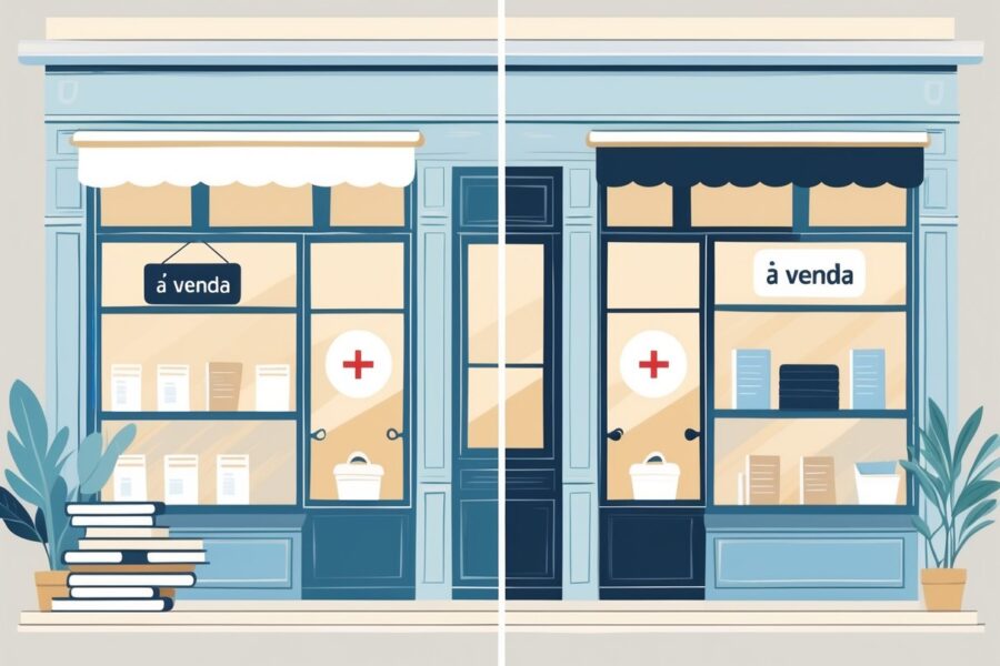 Uma ilustração mostrando duas vitrines de loja lado a lado, uma com indicação correta de venda e outra com indicação incorreta, destacando a diferença entre as expressões.