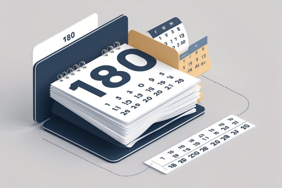Ilustração mostrando um calendário com 180 meses e uma linha do tempo indicando 15 anos.