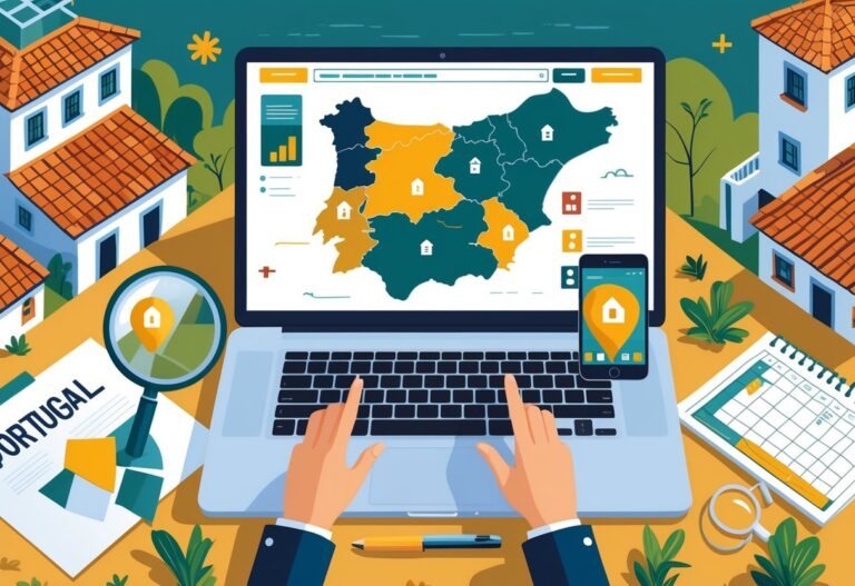 Pessoa usando laptop e smartphone para buscar casas à venda em Portugal, com mapa de Portugal e ícones de casas na tela.