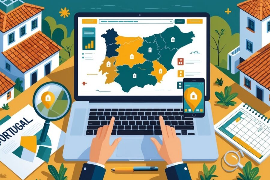 Pessoa usando laptop e smartphone para buscar casas à venda em Portugal, com mapa de Portugal e ícones de casas na tela.