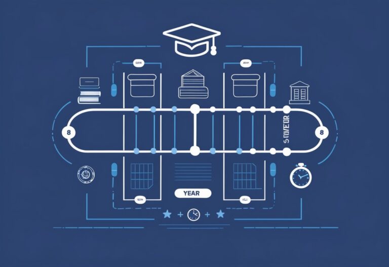 Ilustração mostrando oito semestres organizados em quatro grupos que representam quatro anos acadêmicos.