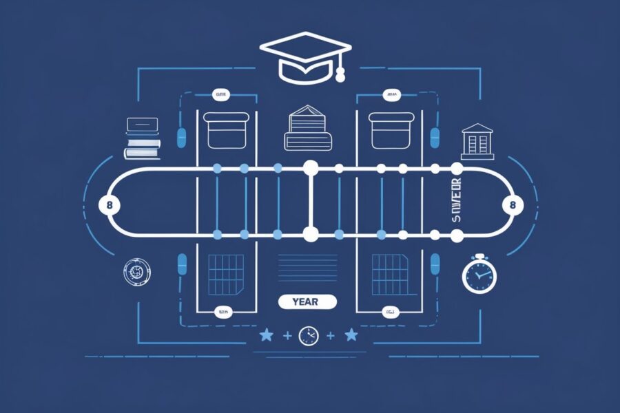 Ilustração mostrando oito semestres organizados em quatro grupos que representam quatro anos acadêmicos.