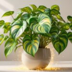 Uma planta verde vibrante com folhas em formato de coração em um vaso elegante, simbolizando prosperidade e riqueza.