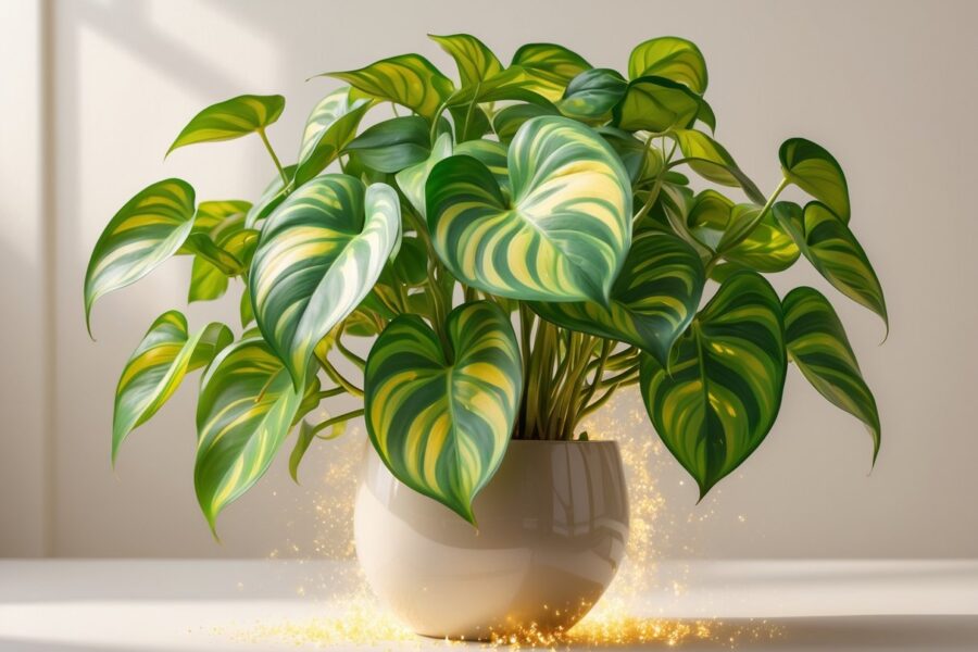 Uma planta verde vibrante com folhas em formato de coração em um vaso elegante, simbolizando prosperidade e riqueza.