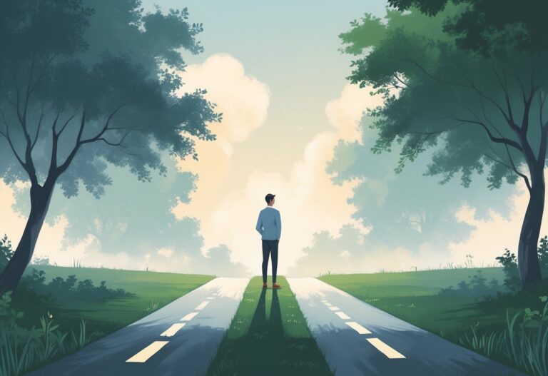 Pessoa pensativa em uma encruzilhada com dois caminhos distintos em um ambiente ao ar livre.