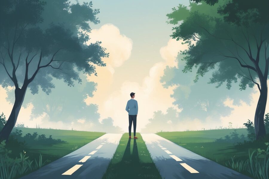 Pessoa pensativa em uma encruzilhada com dois caminhos distintos em um ambiente ao ar livre.