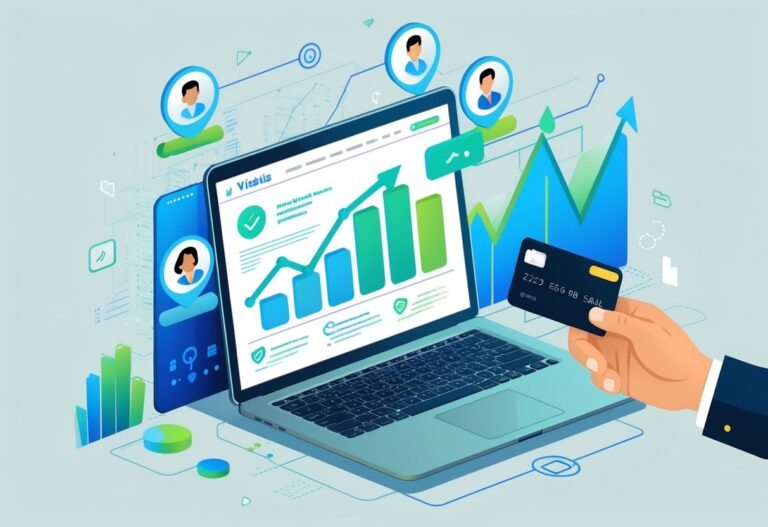 Um laptop moderno mostrando um site com ícones de visitantes, gráficos de crescimento e uma mão segurando um cartão de crédito ao lado.