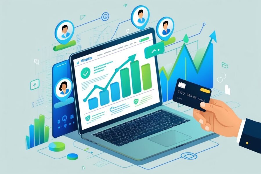 Um laptop moderno mostrando um site com ícones de visitantes, gráficos de crescimento e uma mão segurando um cartão de crédito ao lado.