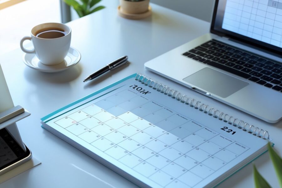 Mesa de escritório com um calendário aberto mostrando uma data destacada, um laptop com calendário digital e uma caneca de café.
