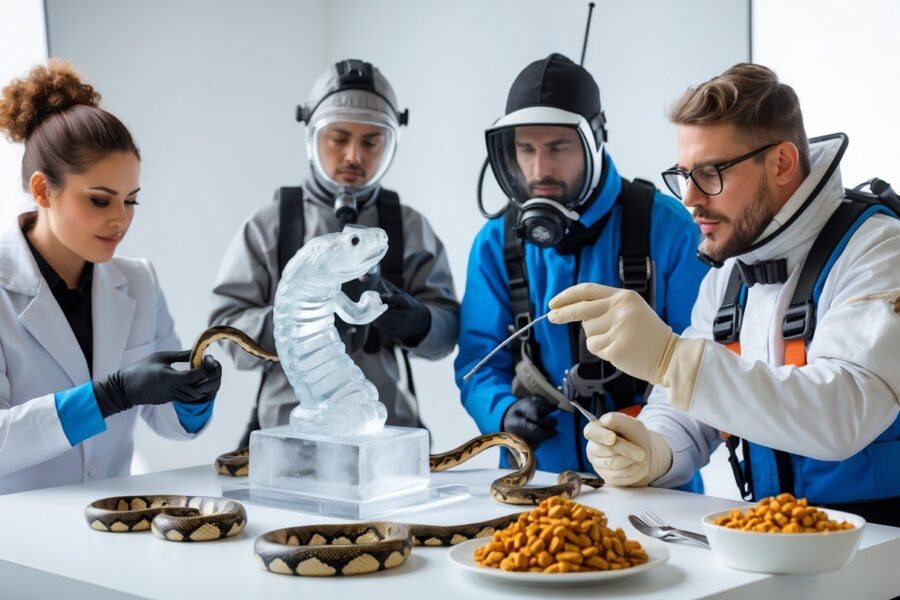 Grupo de pessoas em diferentes profissões incomuns, como manipulador de cobras, escultor de gelo, mergulhador com traje antigo e degustador de comida para pets, em um estúdio iluminado.